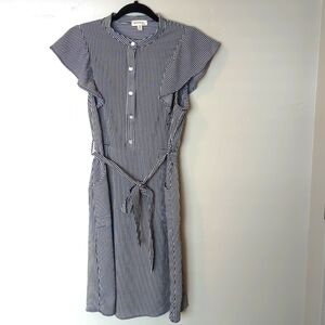 Monteau Blue & White Striped Button Tie Midi Dress L